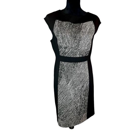 ANNE KLIEN GEOMETRIC SHEATH DRESS BLACK & IVORY WOMENS SIZE 8 CLASSIC CAREER - Picture 1 of 5